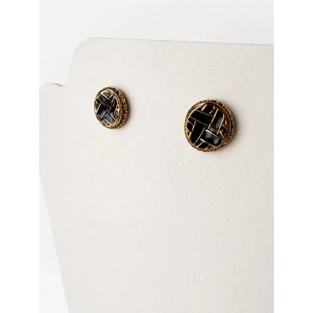 Gold Tone Black Enamel Basketweave Round Stud Earrings Vintage